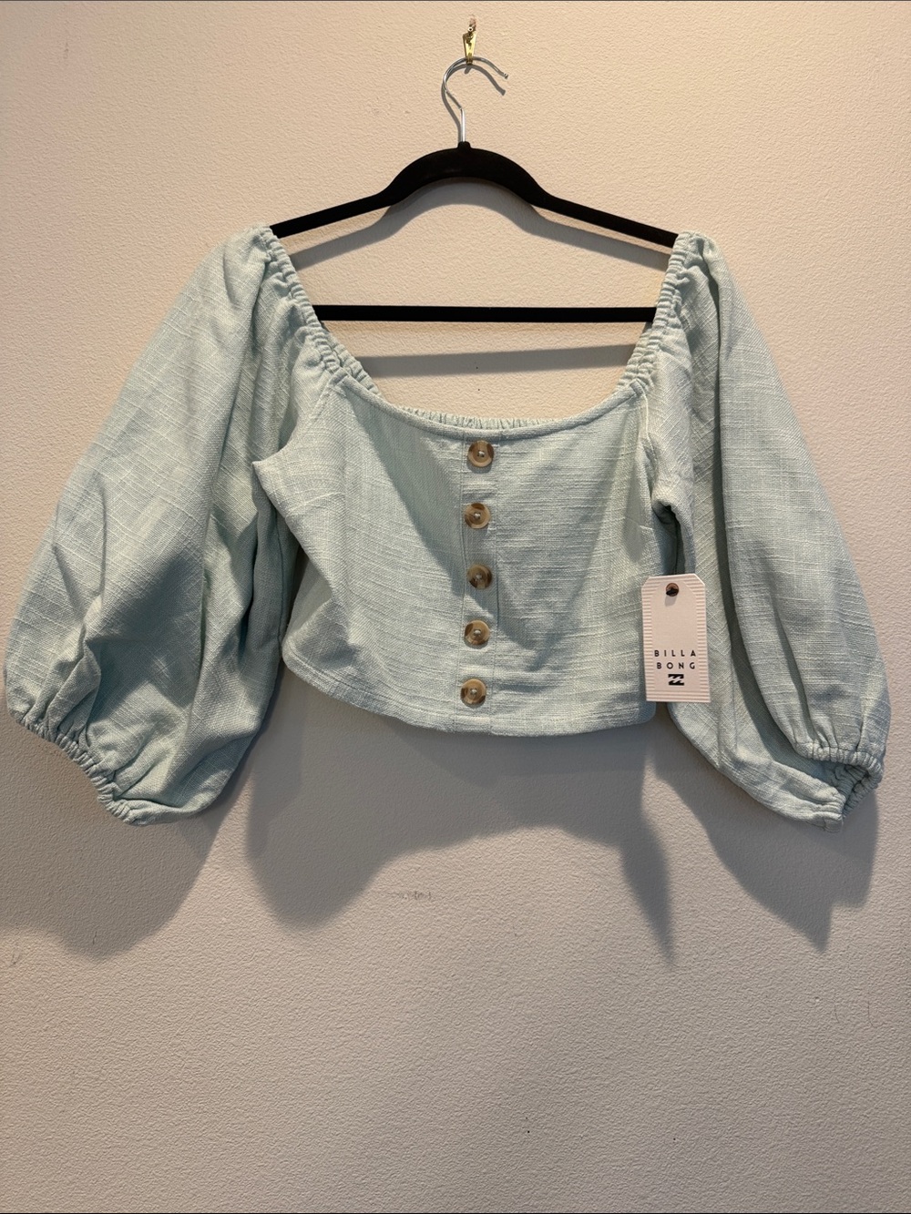 Billabong Light Sage Puff-Sleeve Button Crop Top
